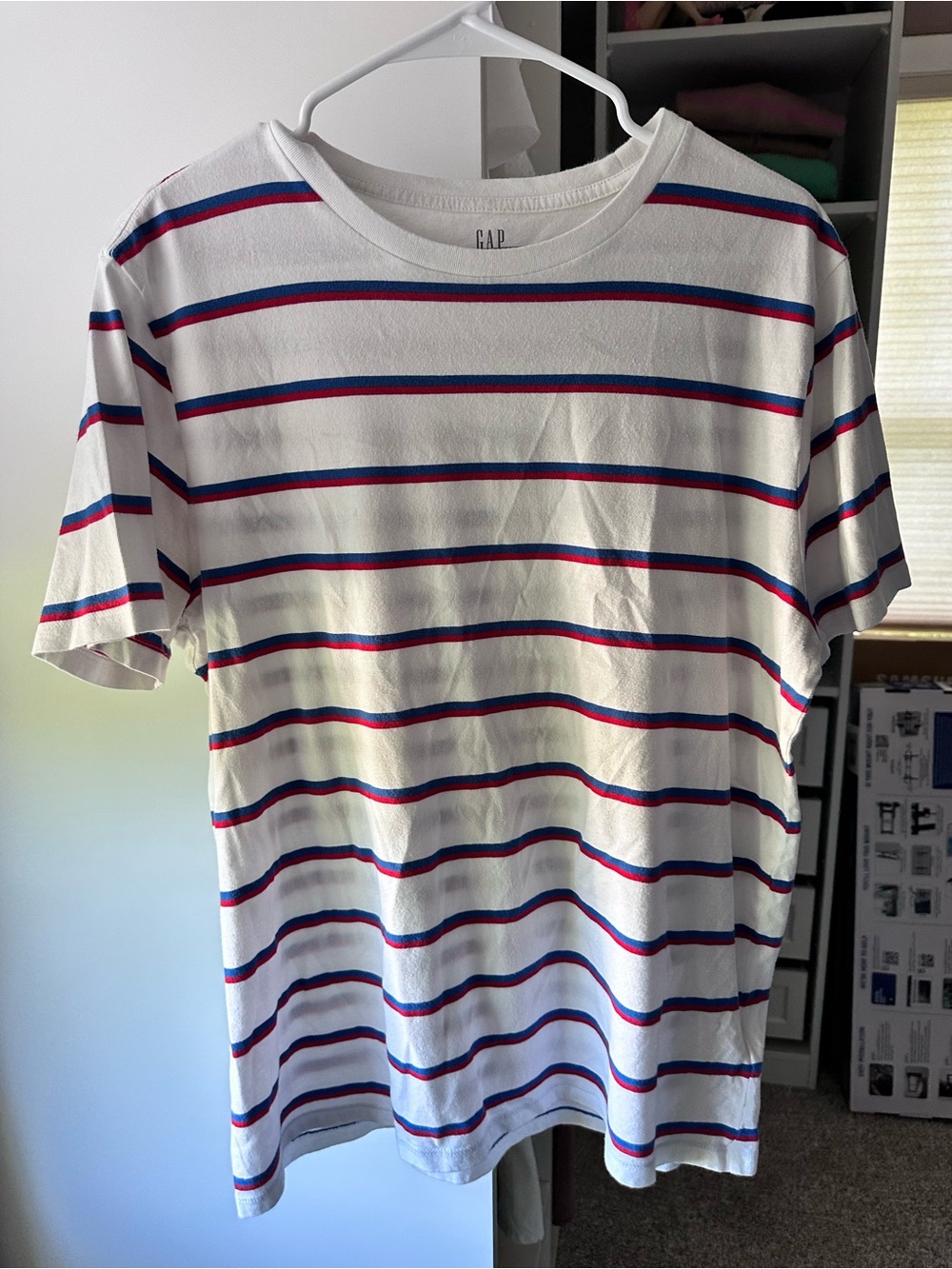 GAP Men's White Short-Sleeve Stripe Tee with Blue & Red Bands